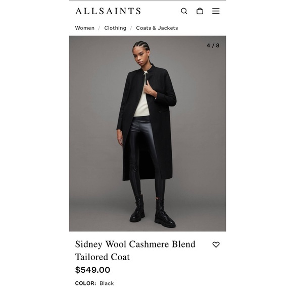 All Saints Sidney Wool Cashmere Blend Tailored Coat - Picture 1 of 8